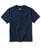 A navy-colored, short-sleeved t-shirt with a ribbed neckline, displayed against a plain background.